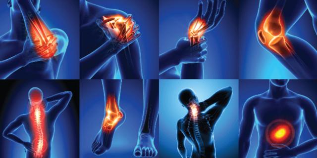 A Collage of 8 Images Showing Different Body Parts With Red Glowing Areas Indicating Pain or Discomfort